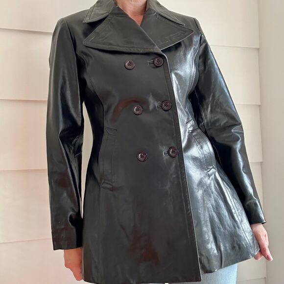 Vintage Black Leather Double Breasted Coat by bebe Size L - Picture 2 of 16